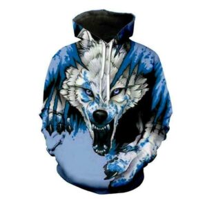 Men's 3D Wolf Print Hoodie – Vivid Blue & White All-Over Graphic Pullover