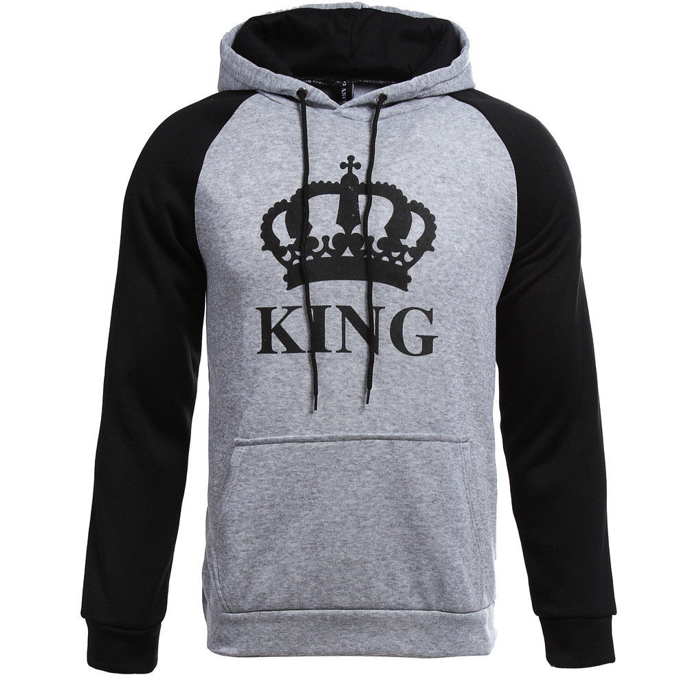 Men's "KING" Crown Raglan Hoodie – Grey & Black Color Block Pullover