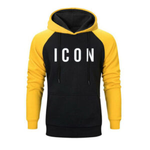Men's Contrast Raglan Hoodie – Black and Yellow Pullover Sweatshirt with "ICON" Print